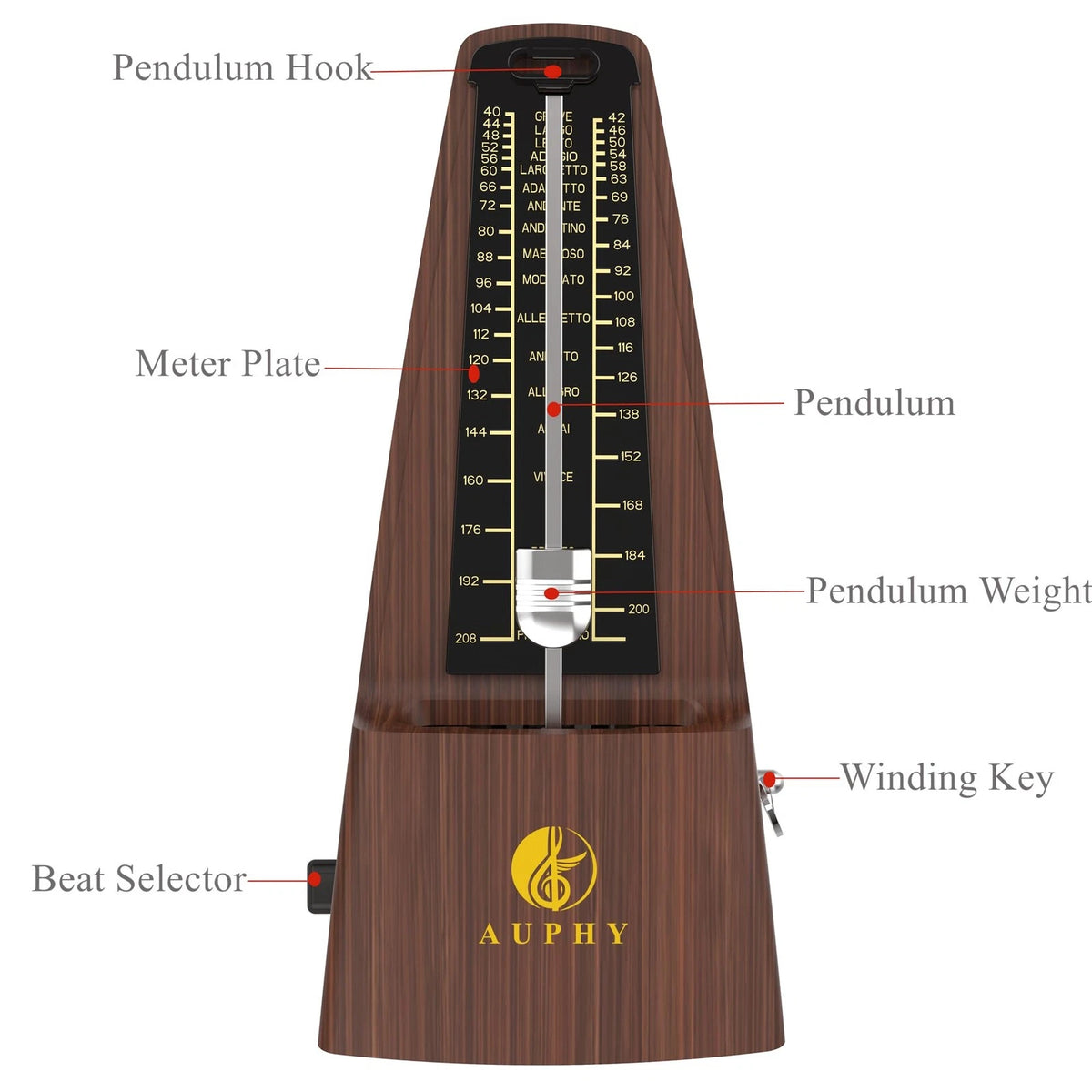 AUPHY Mechanical Metronome with Accent Bell, Classic Shape, Wood Grain