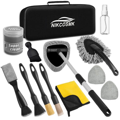 NIKCOSMK Windshield Cleaner Tool, 14Pcs Car Cleaning Kit - Interior Black