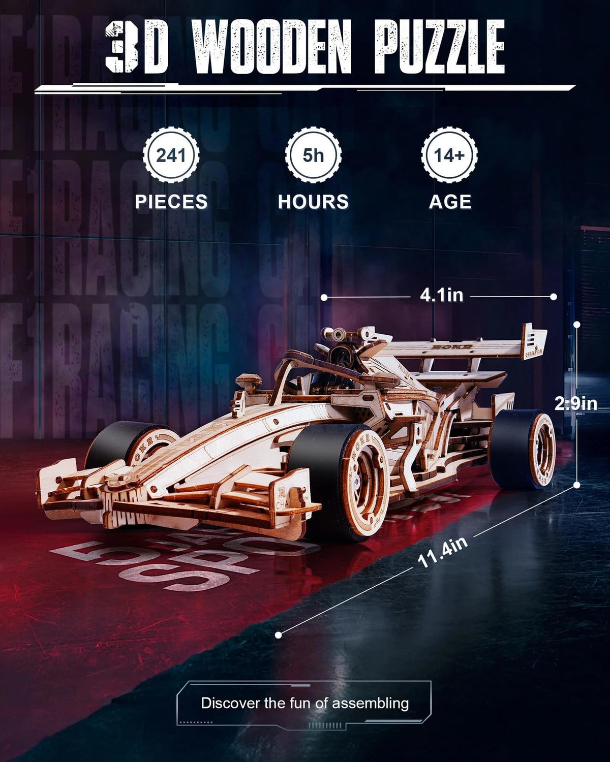 ROKR 3D Wooden Puzzle 1:18 Scale Formula Racing Cars for Adults, 5 Medium