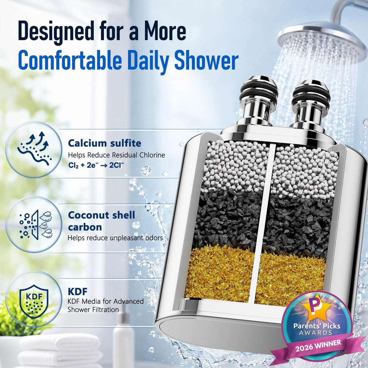 Veken U-Channel Shower Filter to Reduce Chlorine, One-Press Replacement Chrome