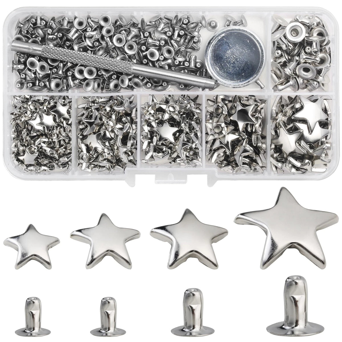 YORANYO 200 Sets Leather Rivets Kit Mixed Sizes for Star - Silver