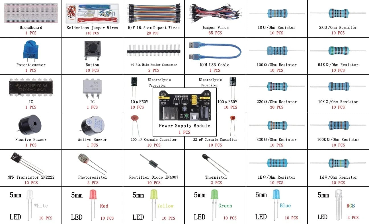 BOJACK 37 Values 480 Pcs Electronics Component Fun Kit with Power Supply...