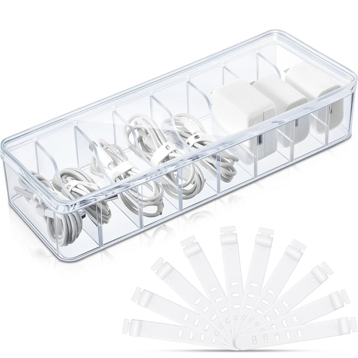 Tatuo 1 Pcs Cable Organizer Box with Wire 10.79'' X 3.78'' X 1.97'', Clear