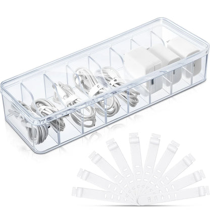 Tatuo 1 Pcs Cable Organizer Box with Wire 10.79'' X 3.78'' X 1.97'', Clear