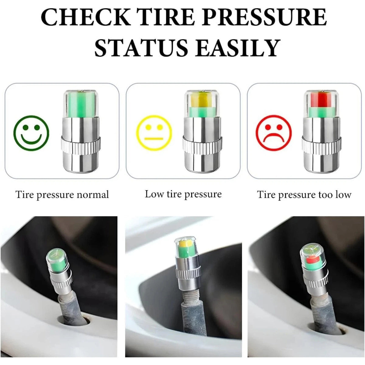 4 PCS Tire Pressure Monitor Valve Caps, 3 Color Visual Alarm Pressure Detectors