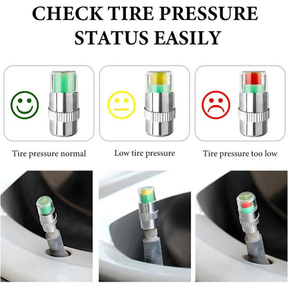 4 PCS Tire Pressure Monitor Valve Caps, 3 Color Visual Alarm Pressure Detectors