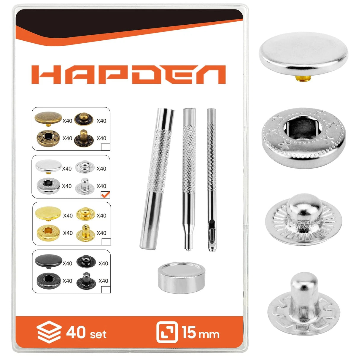 Leather Snaps and Fasteners Kit，15mm 40 Sets Metal Snap Buttons 15MM, Silver
