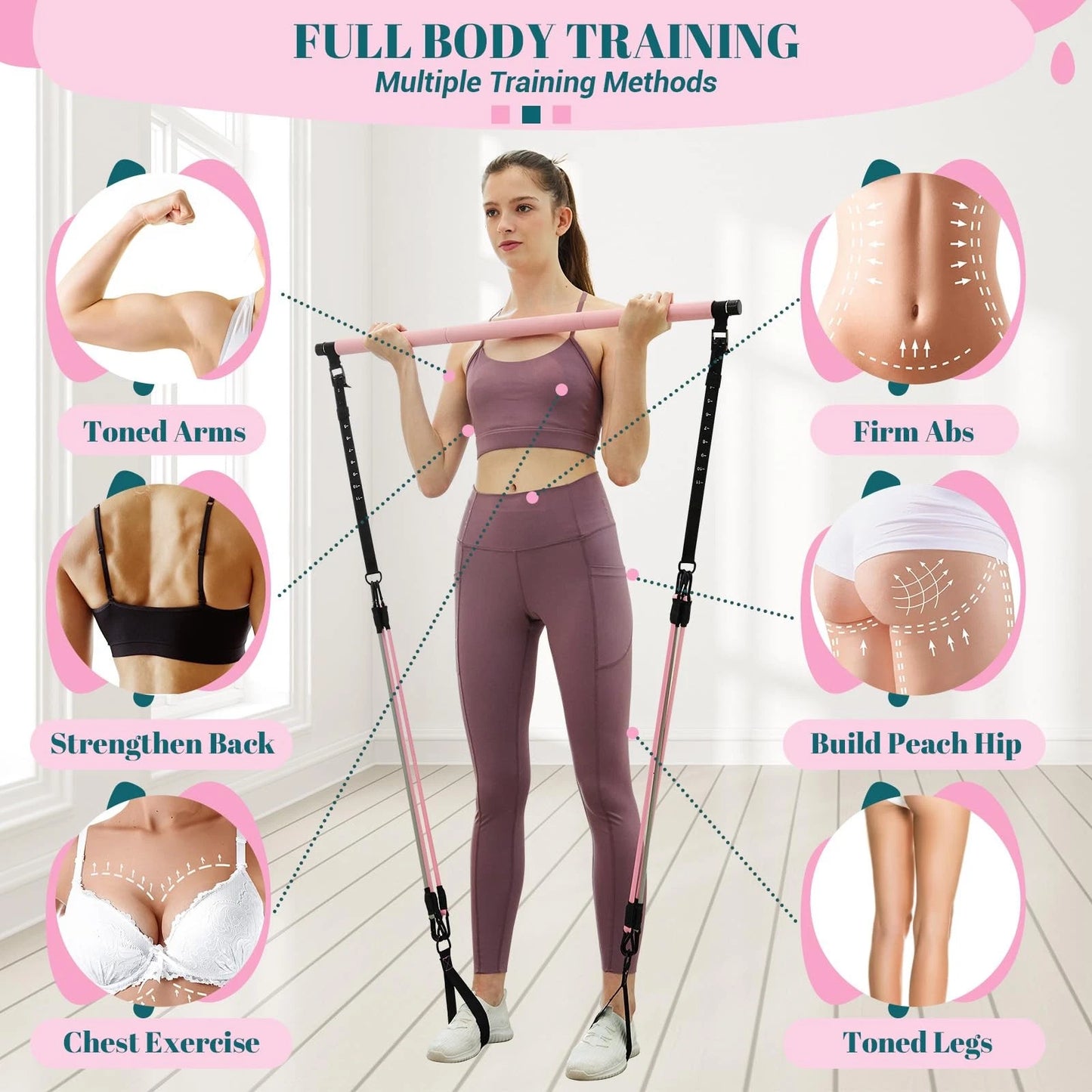 Pilates Bar Kit with Resistance Bands, Multifunctional Yoga One Size, Pink