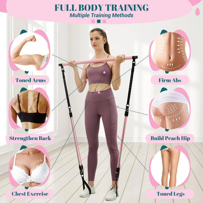 Pilates Bar Kit with Resistance Bands, Multifunctional Yoga One Size, Pink