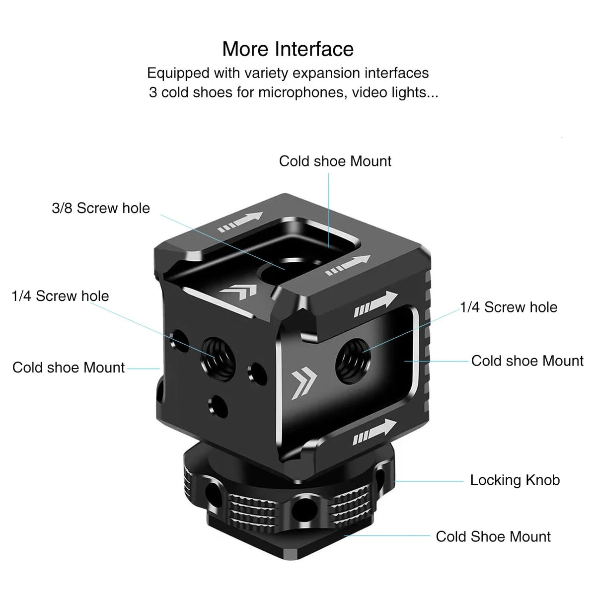 3 Port Cold Shoe Mount with 1/4"-20 Thread for Camera Cage Flash LED Black
