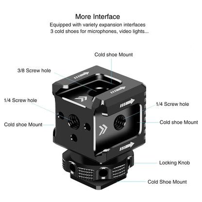 3 Port Cold Shoe Mount with 1/4"-20 Thread for Camera Cage Flash LED Black