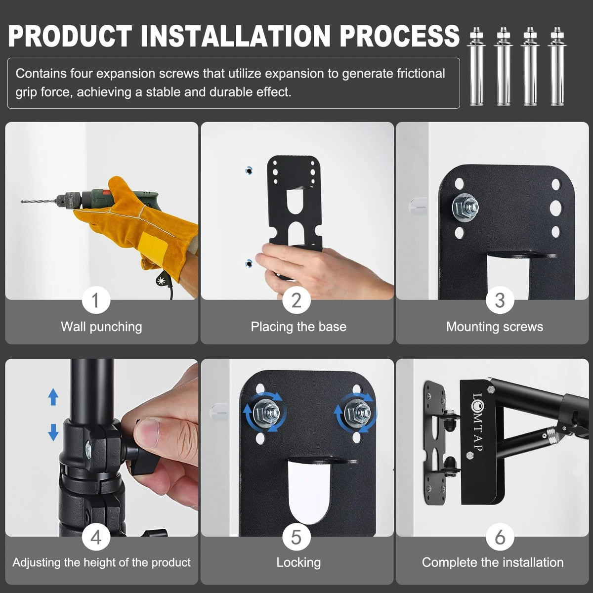 LOMTAP Ring Light Wall Mount Adjustable 45.7" Boom Arm 3.8ft, Black 3.8ft