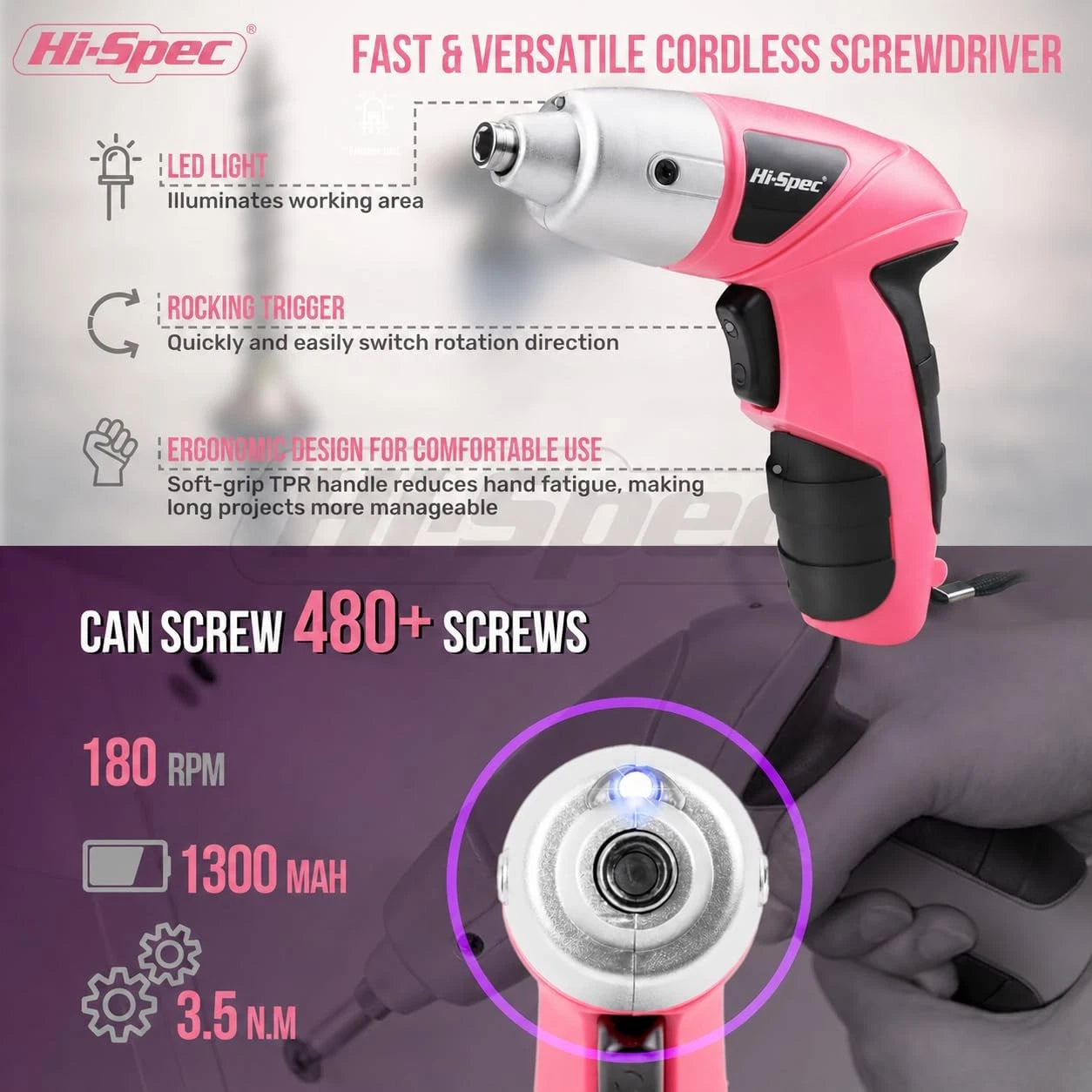 Hi-Spec Cordless Electric Screwdriver, Power Screw Driver 19pc, Light Pink
