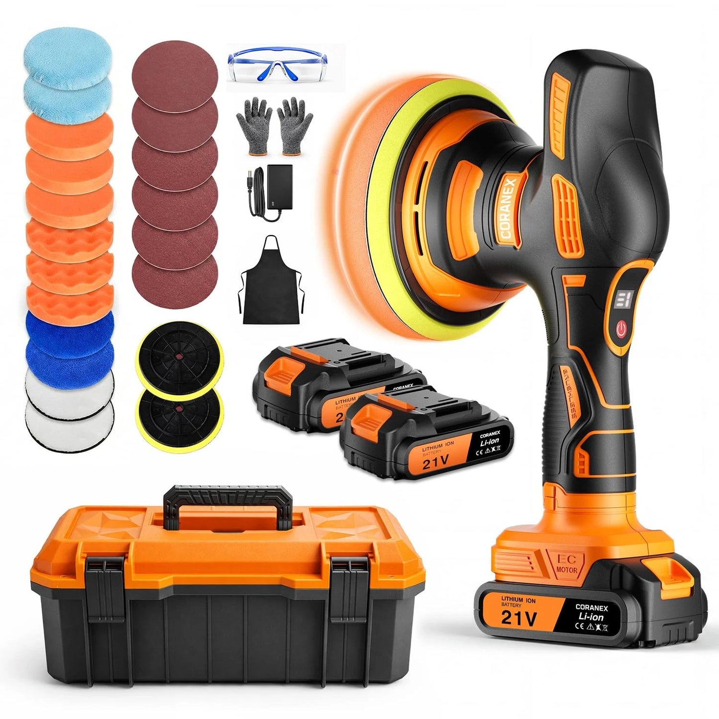 CORANEX 8-Speed Cordless Car Buffer Polisher Kit, 28 PCS Complete Kit Orange
