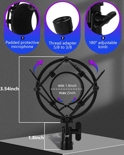 Boseen Universal Microphone Shock Mount, Mic Clip Holder for Diameter Black