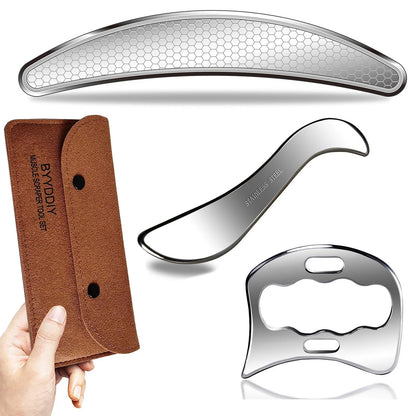 BYYDDIY 3 in 1 Stainless Steel Muscle Scraper Tools Set,Scraping 3pcs, Silver