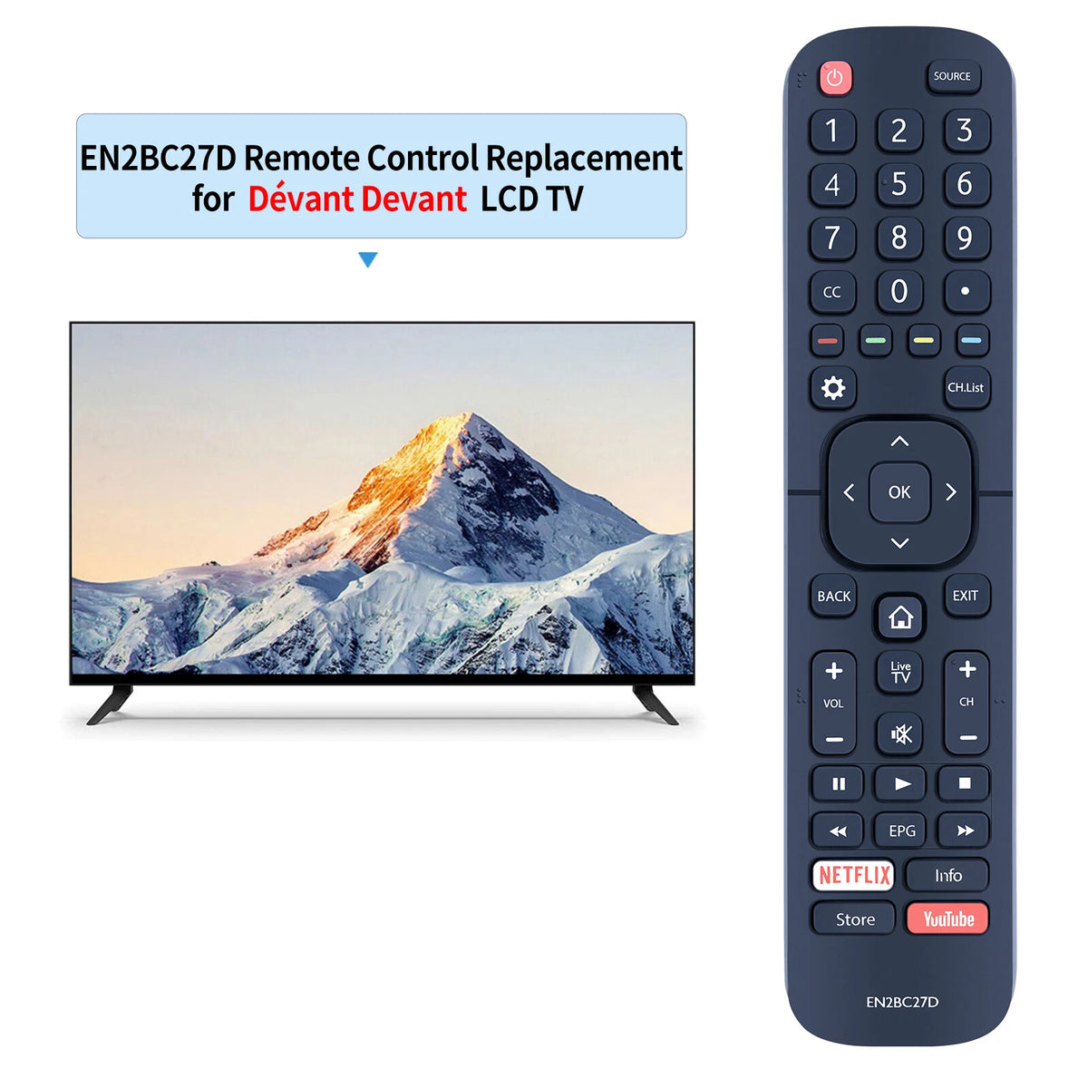 EN2BC27D For Dévant LCD LED TV With NETFLIX YouTube Remote Control
