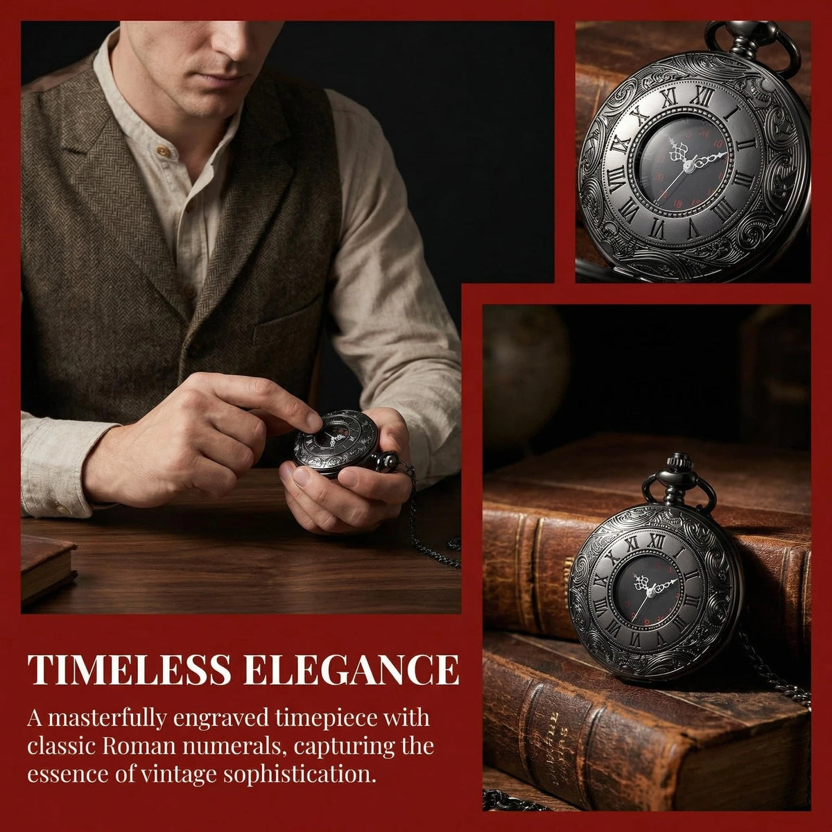 MJSCPHBJK Vintage Pocket Watch for Men Roman Numerals Scale Quartz Black