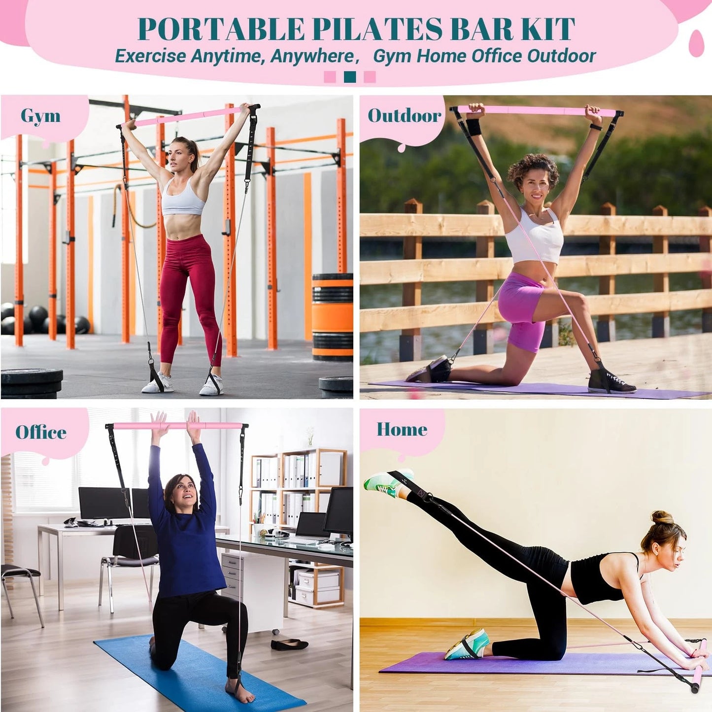 Pilates Bar Kit with Resistance Bands, Multifunctional Yoga One Size, Pink