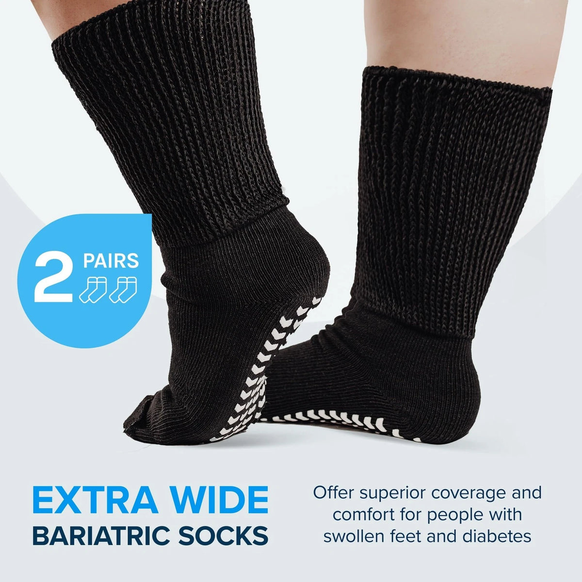2 Pairs Extra Wide Socks For Swollen Feet, Non-Slip Hospital and 11-13, Black