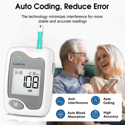 CareLiving BGM101 Blood Glucose Monitor Kit, 100 Test Strips, 100 gray