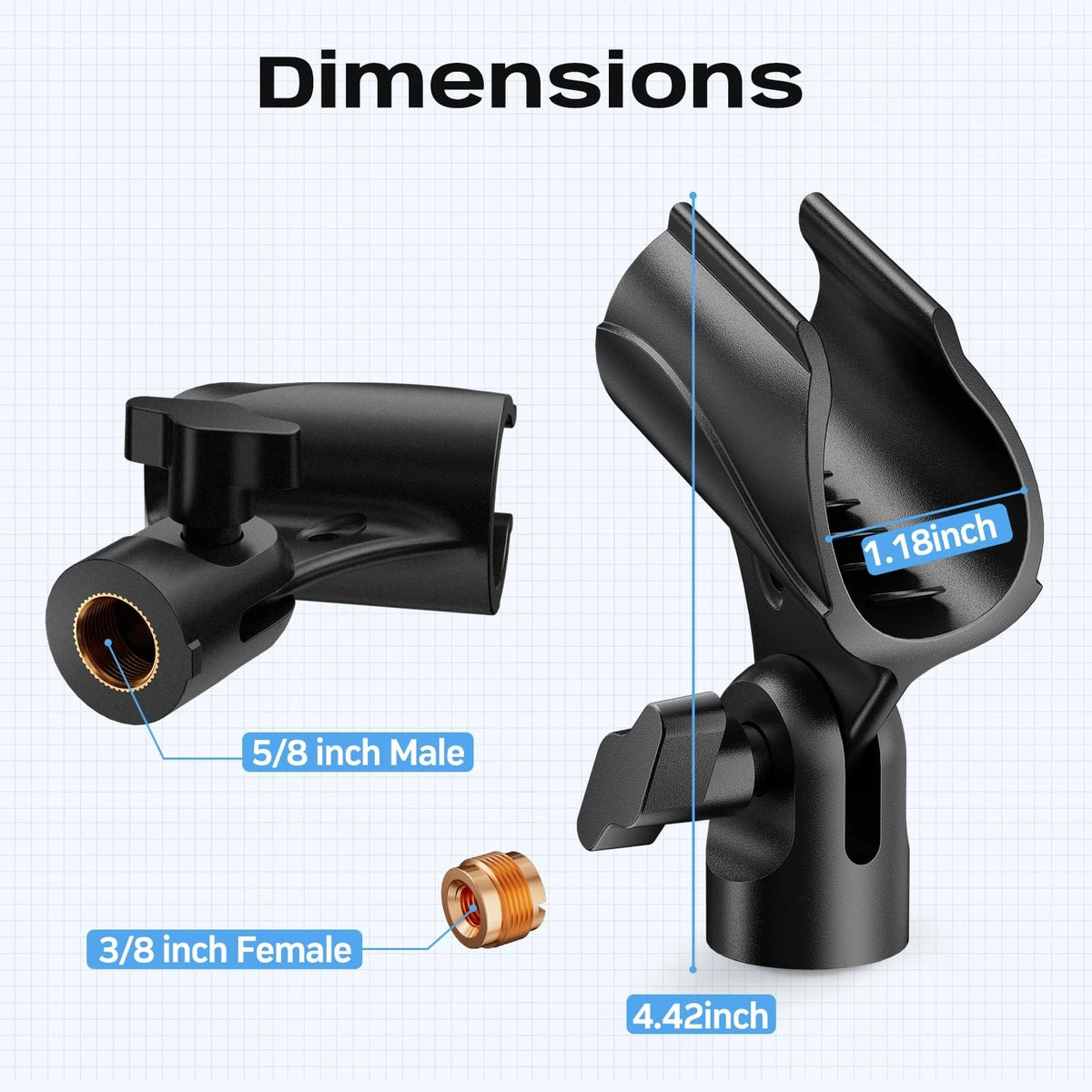 Universal Microphone Clip, Adjustable Mic Holder with 5/8" Male to 3/8" Black