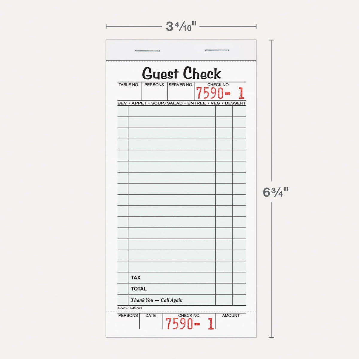 Adams Guest Check Pads, Single Part, Perforated, 3-2/5 x 6-3/4 Inches, White