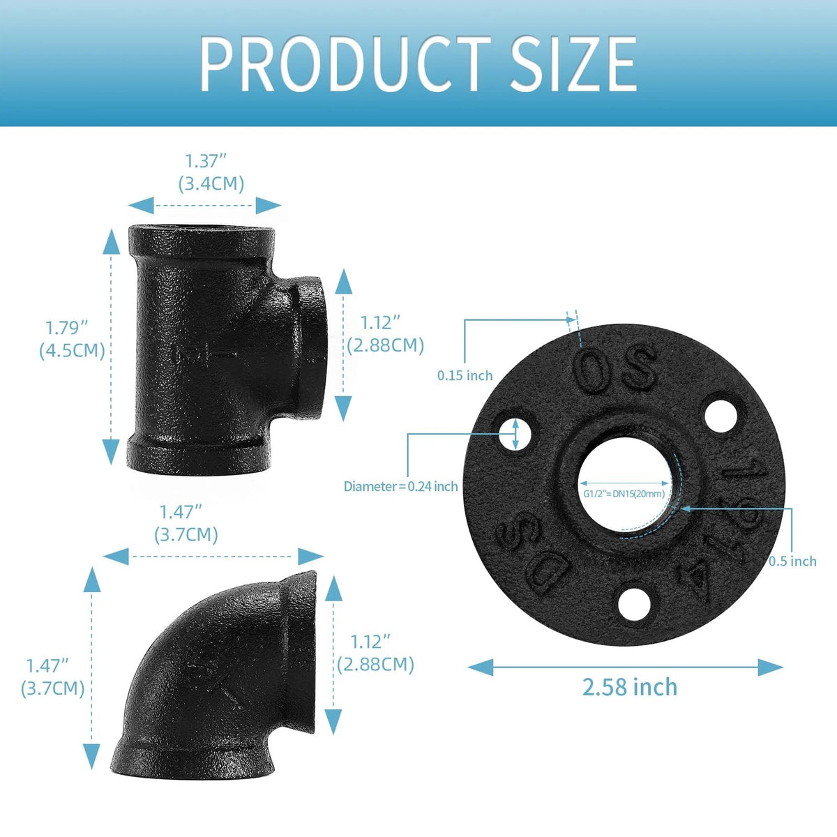Home TZH 1/2" Black Pipe Fitting, 30 Pack Floor 1/2 Inch,