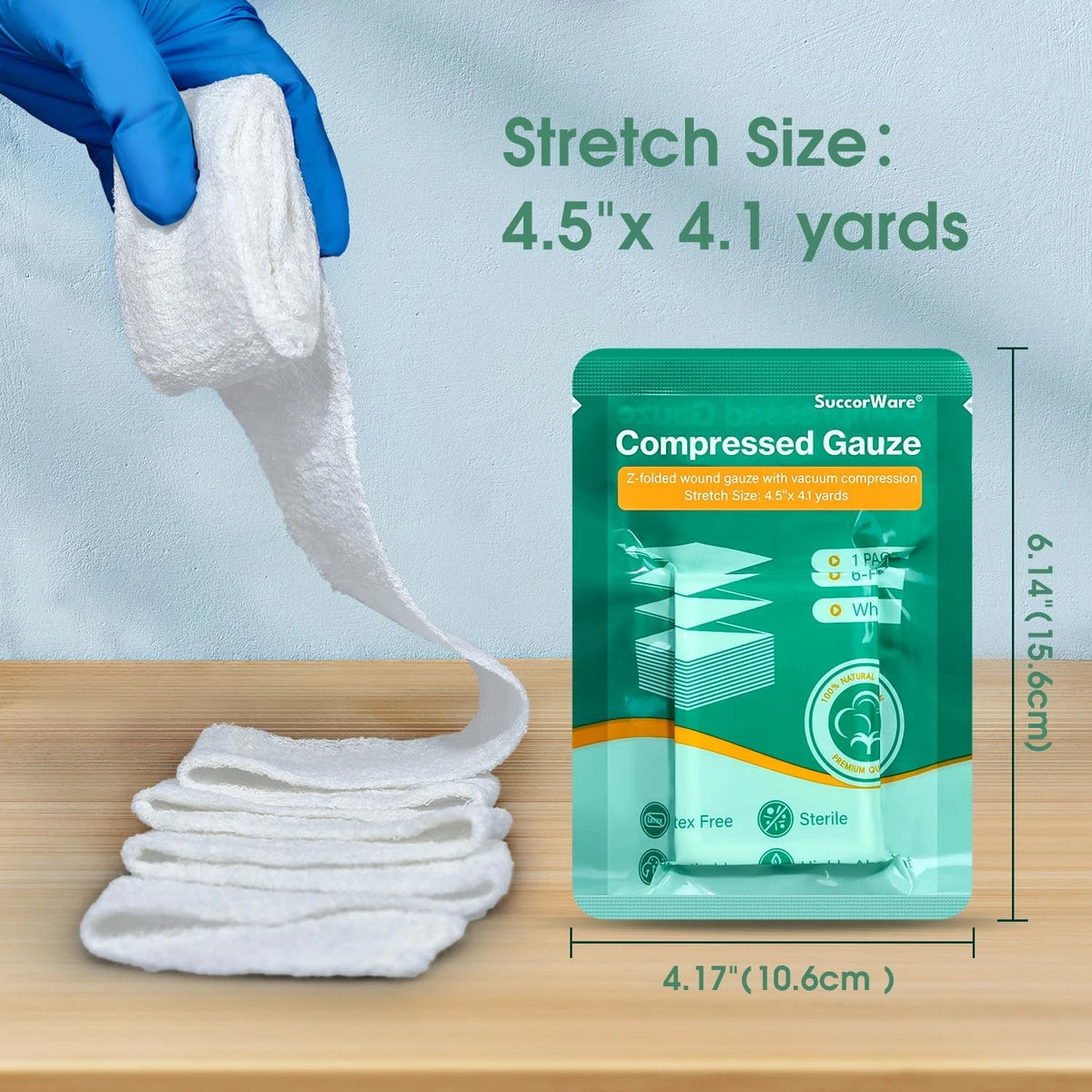 SuccorWare 8 Packs Sterile Compressed Gauze with Z-Folded - 4.5" x 4.1 yards