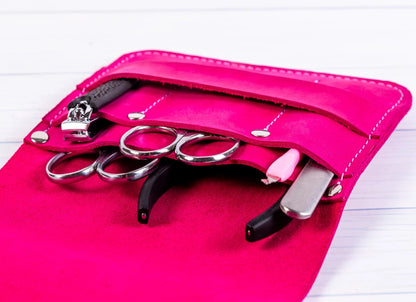 Leather Manicure Set Case Grooming Kit Organizer (Fuchsia) 5" x 5.1", Fuchsia