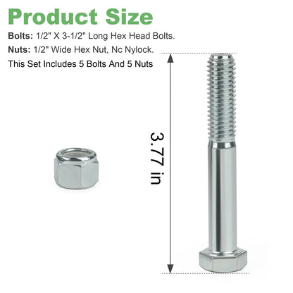 Grade 5 Shear Bolts for Rotary Cutters 1/2" x 3-1/2" with Nylock Nuts - 5 Pack