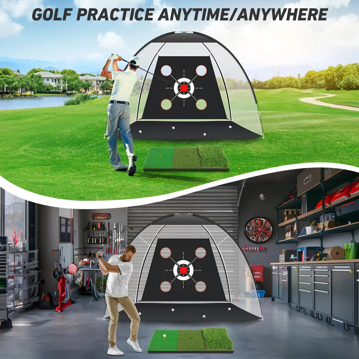 KLAODOT Golf Net with Practice Mat,Golf Hitting 10*7, Black/White/Red/Green