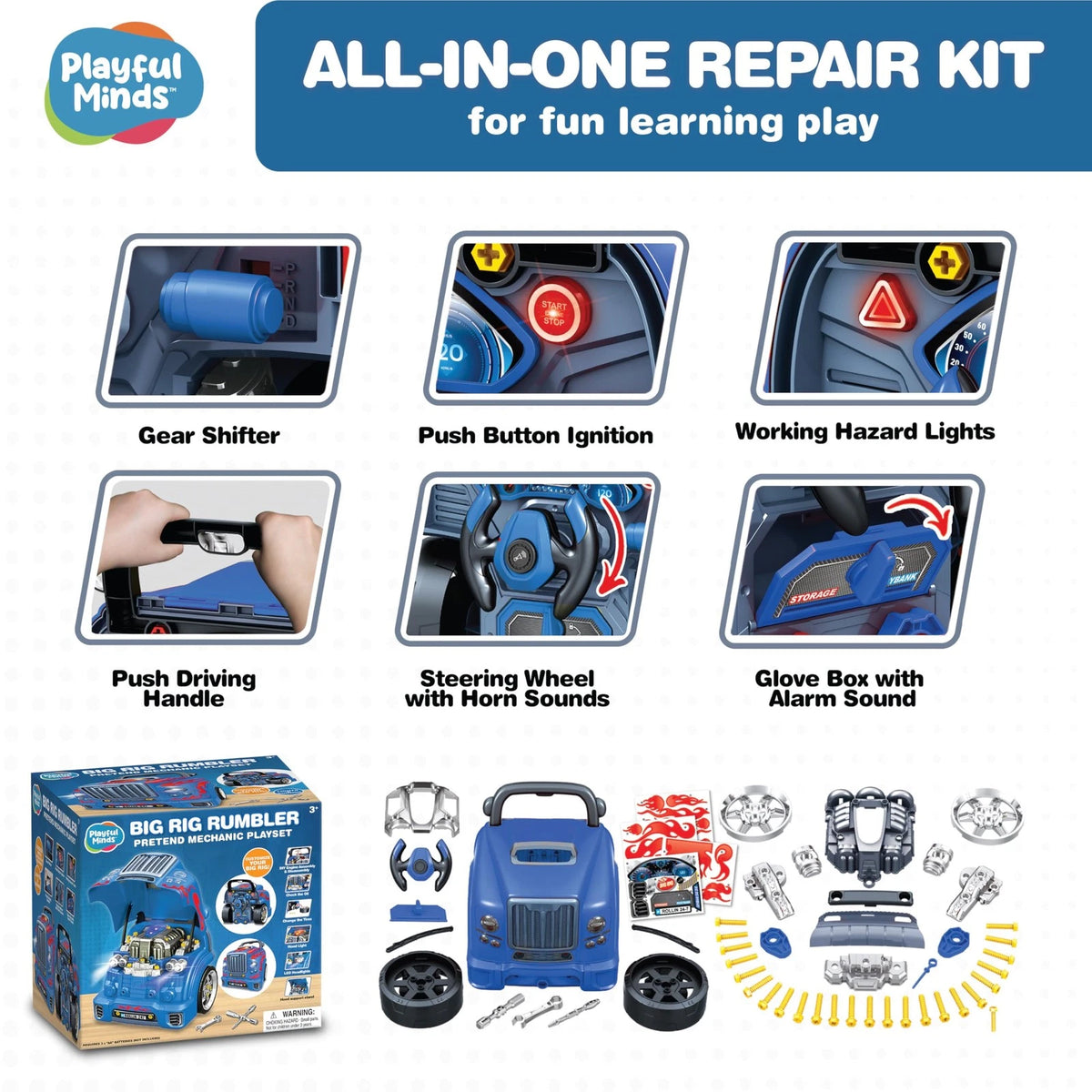 Playful Minds Interactive Large Truck Engine Toy for Kids – Large, Blue