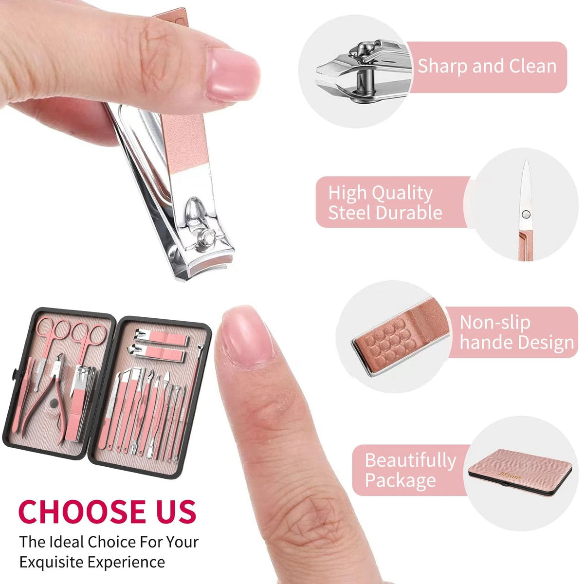 ZIZZON Manicure Set 18 in 1 Professional Pedicure Nail 18 Piece Set, Pink