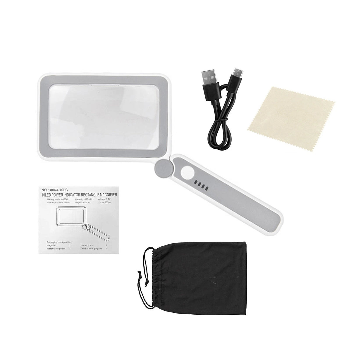 Handheld Illuminated Magnifier 4x 10 Led Dimmable Brightness USB C Rechargeable