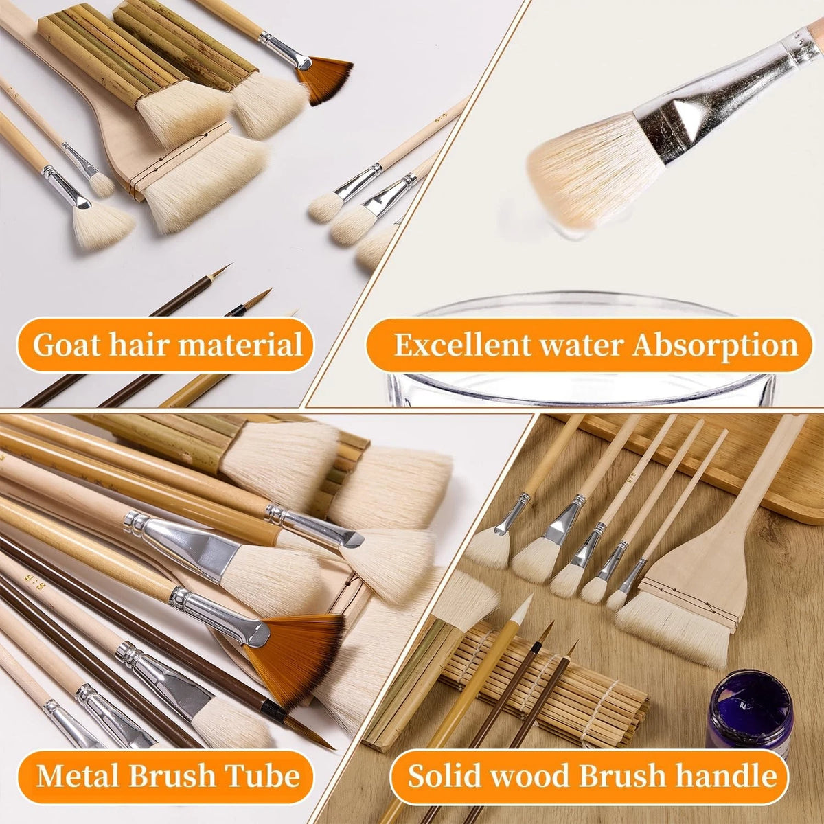 12 PCS Pottery Glaze Brushes Set with Goat Hair & Hake Beige