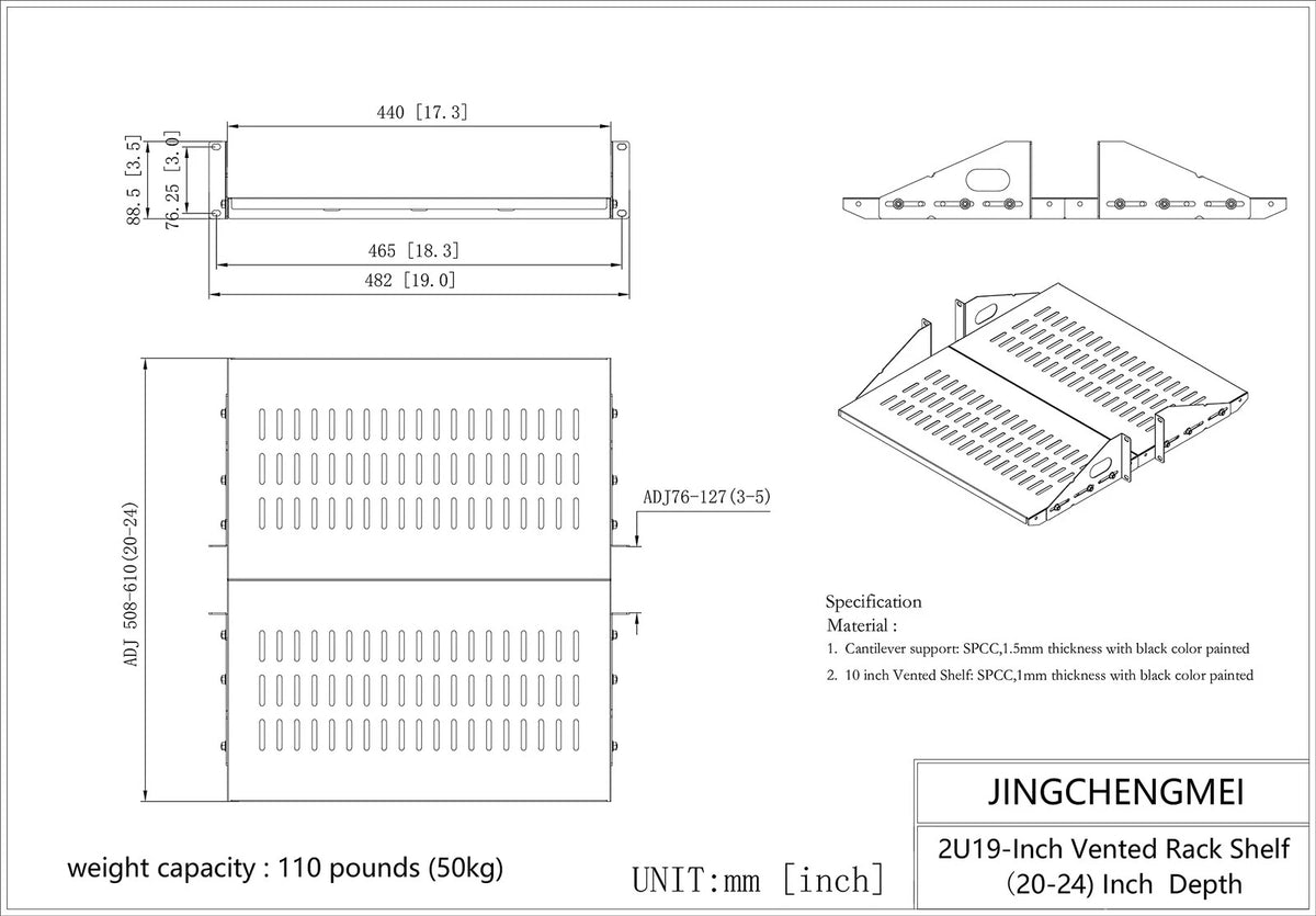 Jingchengmei 2U Cantilever Server Shelf Rack Mount-19 Inch 2 2U2PC10V, black