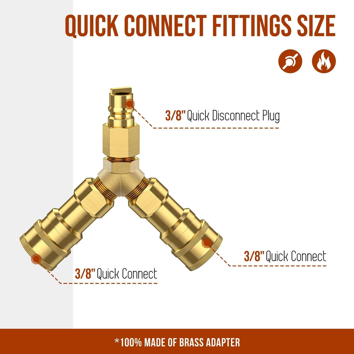 3/8 inch Natural Gas Y Splitter, 2-Way Quick Inch, Golden