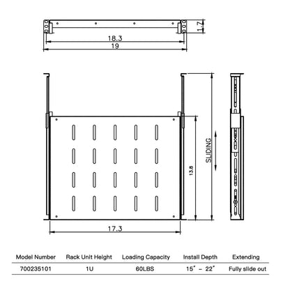Raising Electronics Sliding Rack Server Shelf 1U 19'' 4 Post 15"-22", black