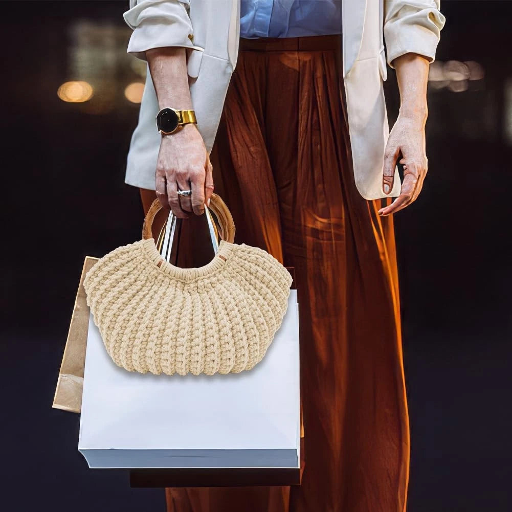 ACRNIGHEET Crochet Bag Kit 5.5 x 7.87 x 3.14 inches, Oat+bamboo shaped handle