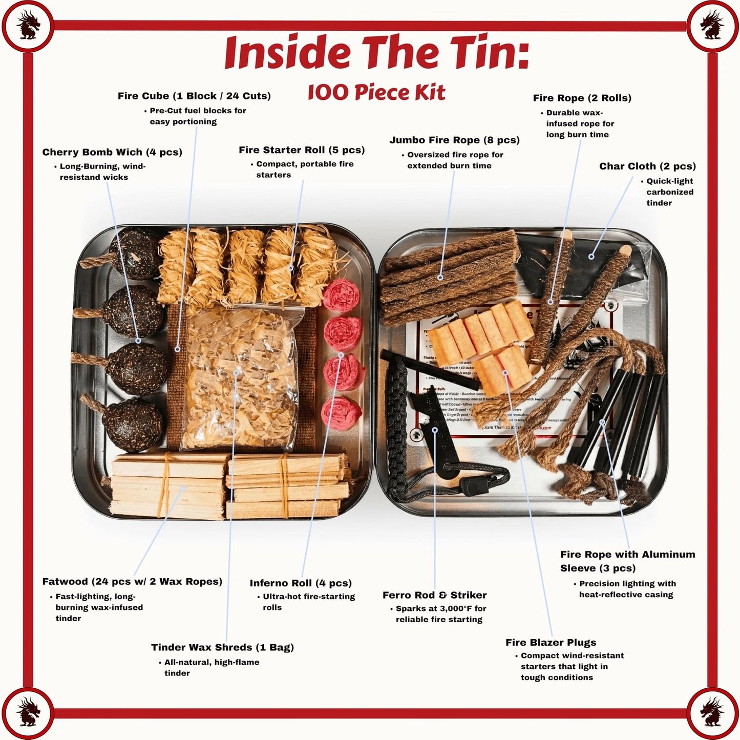 TinFerno Fire Starting Kit – 100pc Starter for Campfires, Large, Black