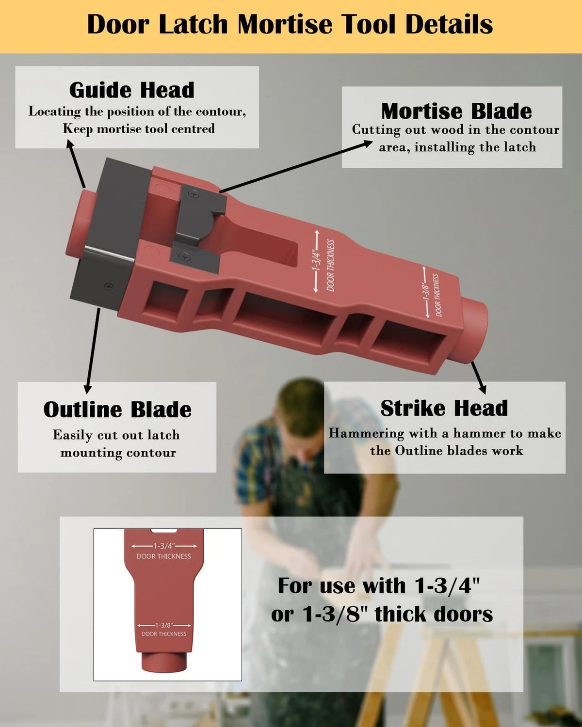 Door Latch Mortise Tool Help Remove Material for Clean Cutting, Red