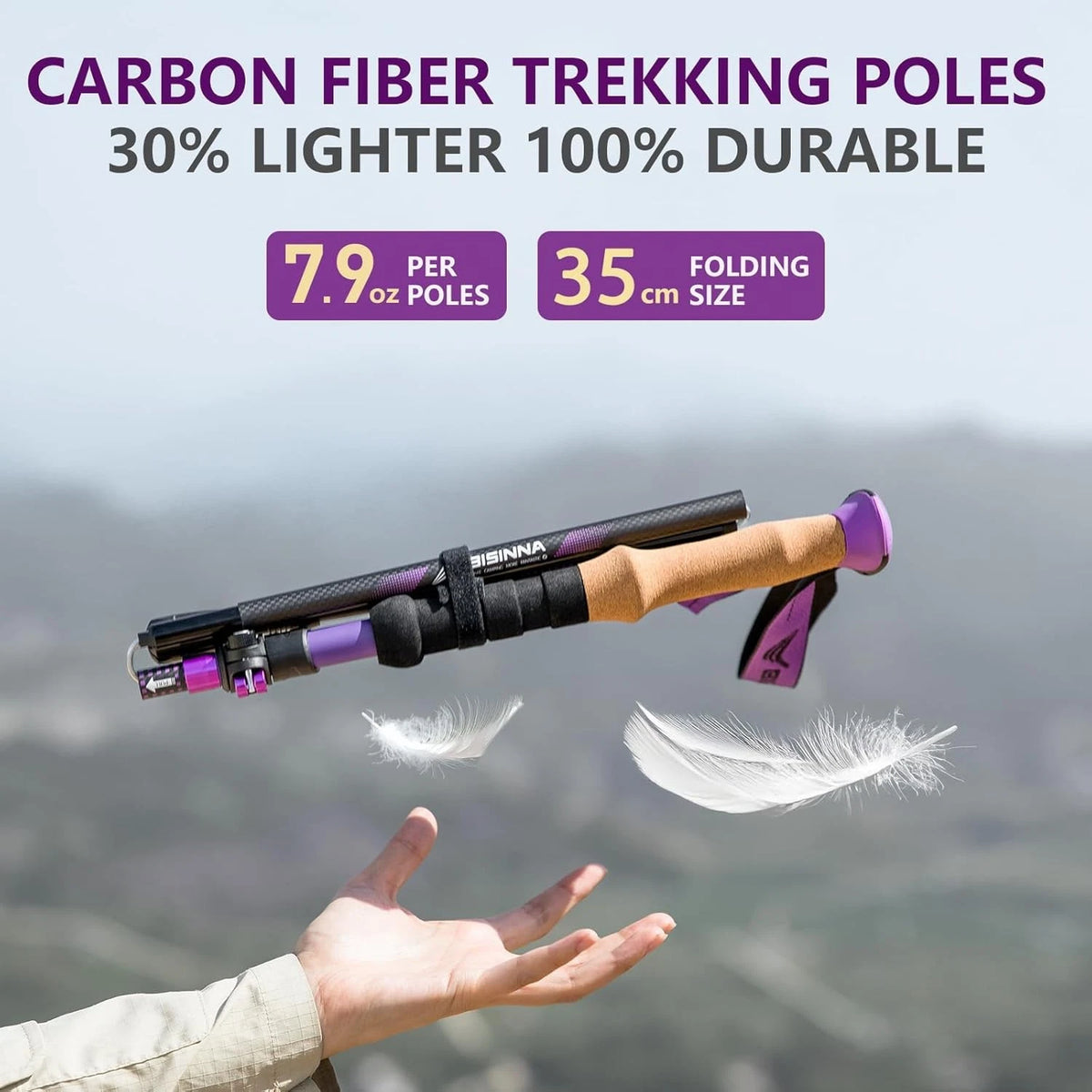 BISINNA Carbon Fiber Trekking Poles Collapsible Hiking 100-115, Purple