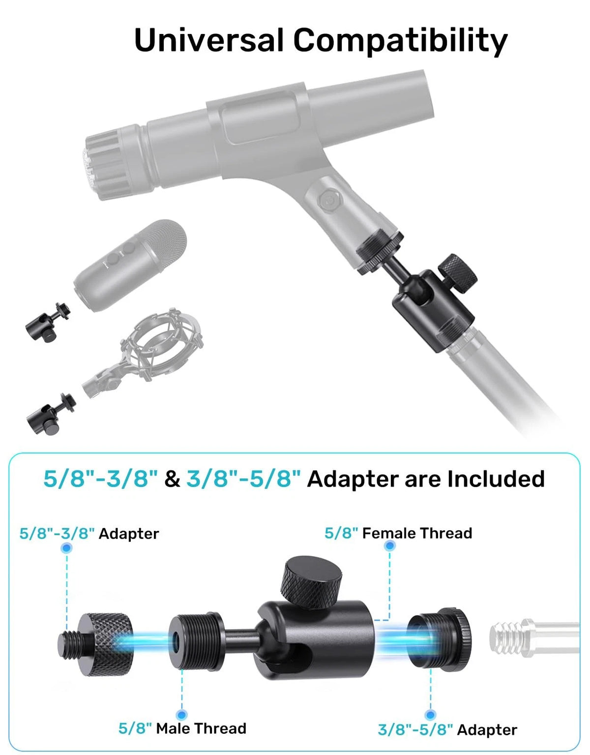 Etour Ball and Socket Head Microphone Adapter, All Metal, 180° & 360° Black