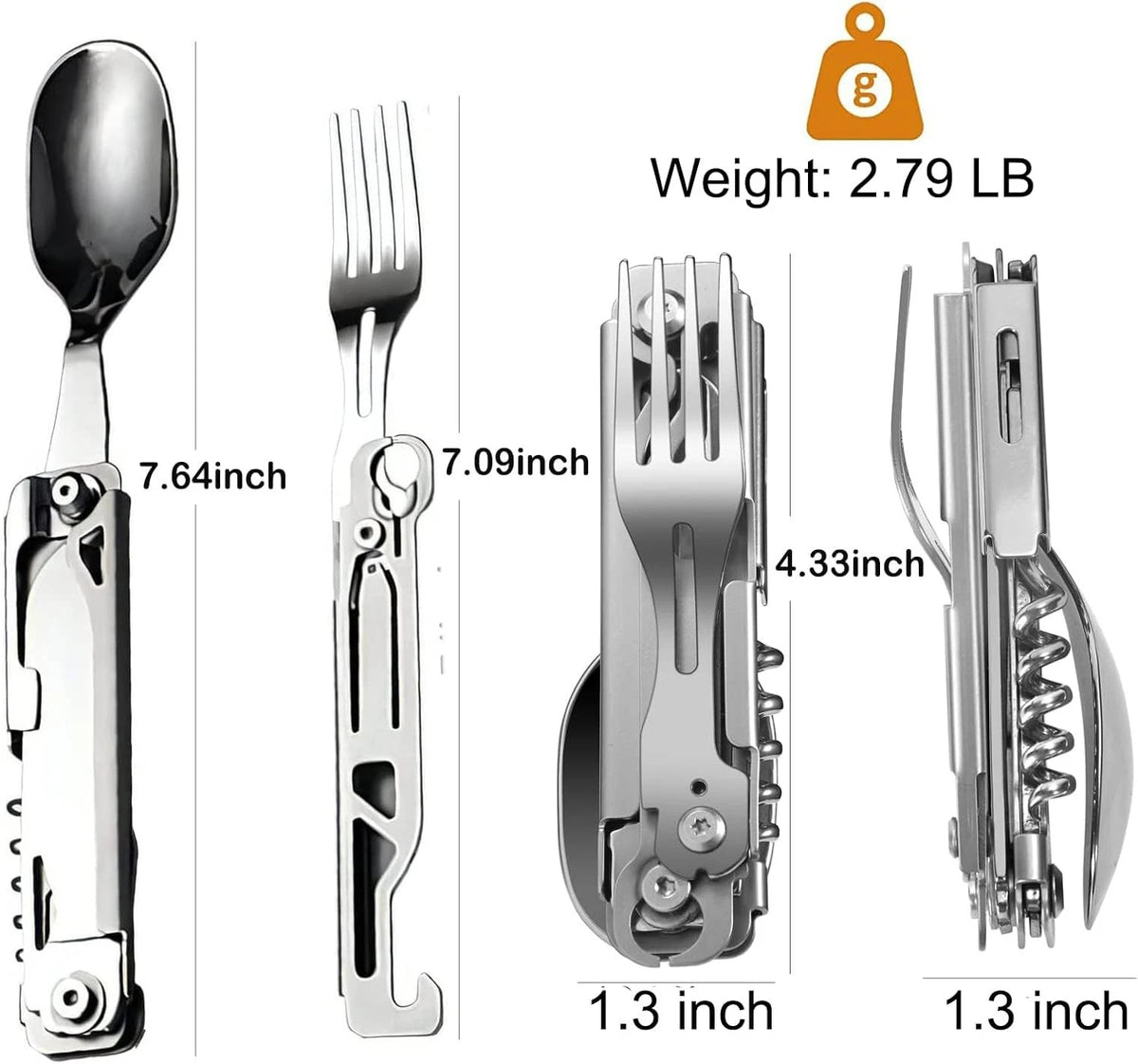 6-in-1 Detachable Camping Utensil, Stainless Steel Cutlery Folding Silver