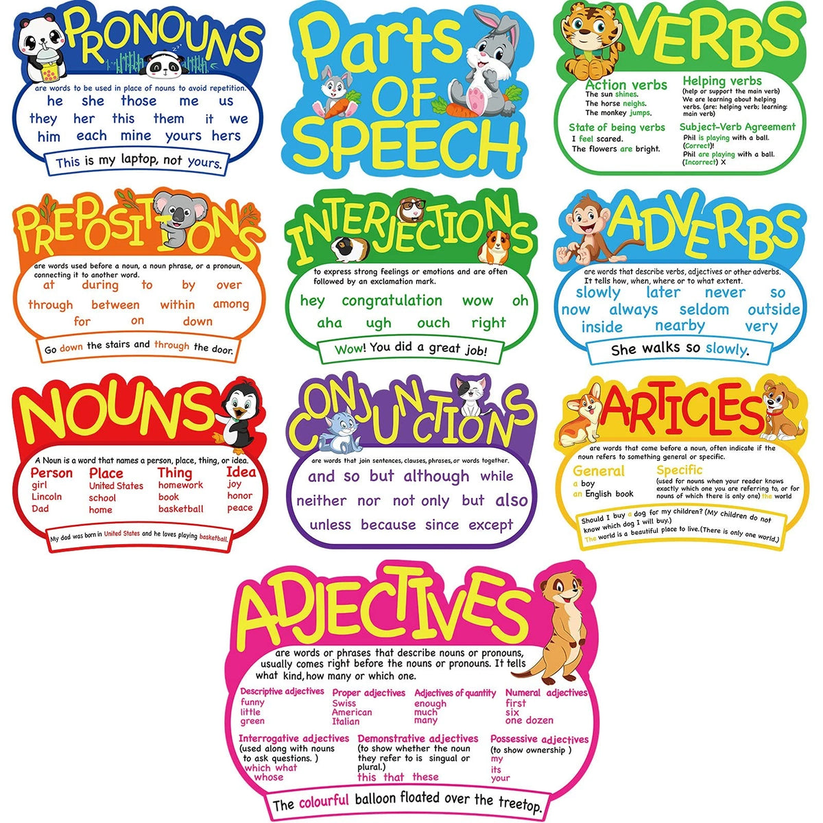 Outus 10 Pcs Parts of Speech Poster Grammar 16.5 x 11.5 inches, Multicolor
