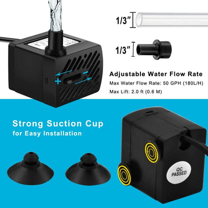 PULACO 2Pcs Mini Fountain Pump (50GPH 3W), Ultra Quiet 50 GPH (2Pcs), Black