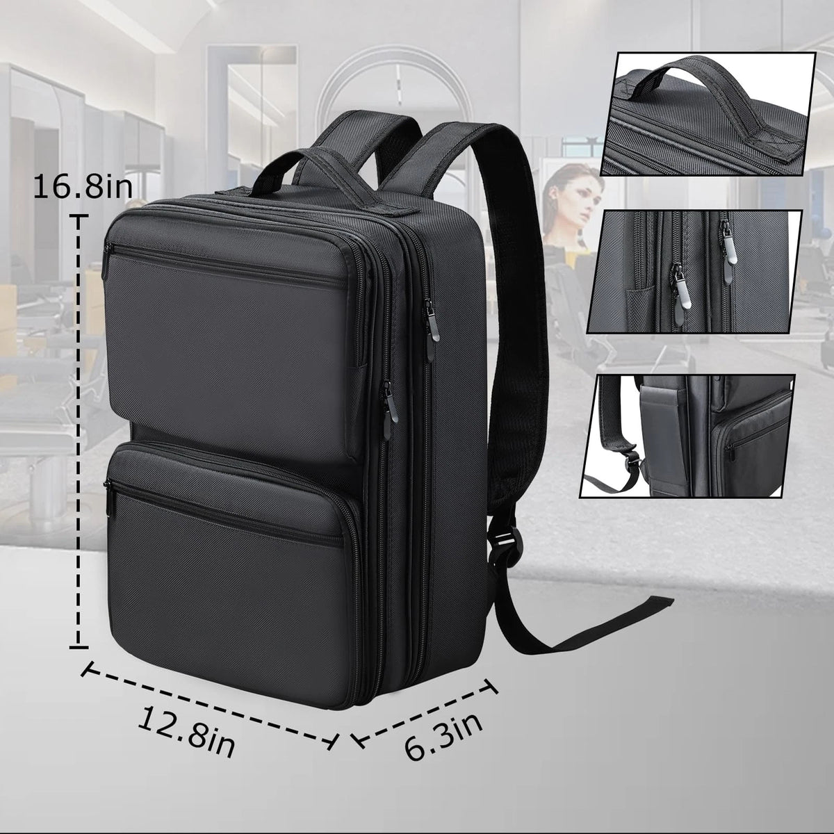 Yueieoun Barber Bag with Detachable Tray, 16.8-in Travel Backpack for Black