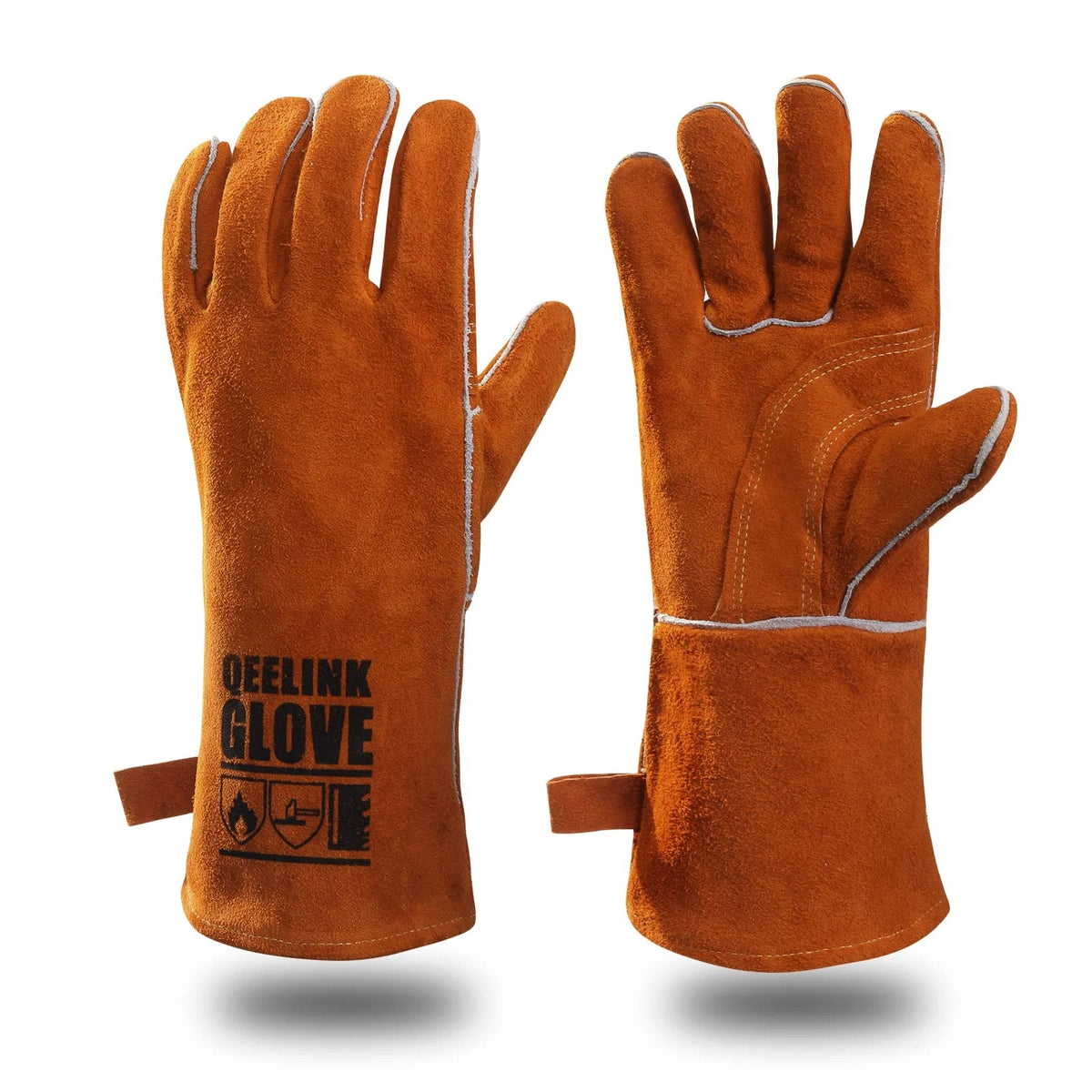 QeeLink Welding Gloves - Heat/Fire 2 Count (Pack of 1), Brown (14-inch)
