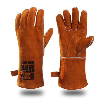 QeeLink Welding Gloves - Heat/Fire 2 Count (Pack of 1), Brown (14-inch)